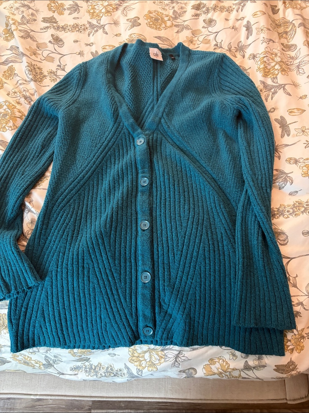 Cabi Cozy Teal Ribbed Button-Up Women's Sweater